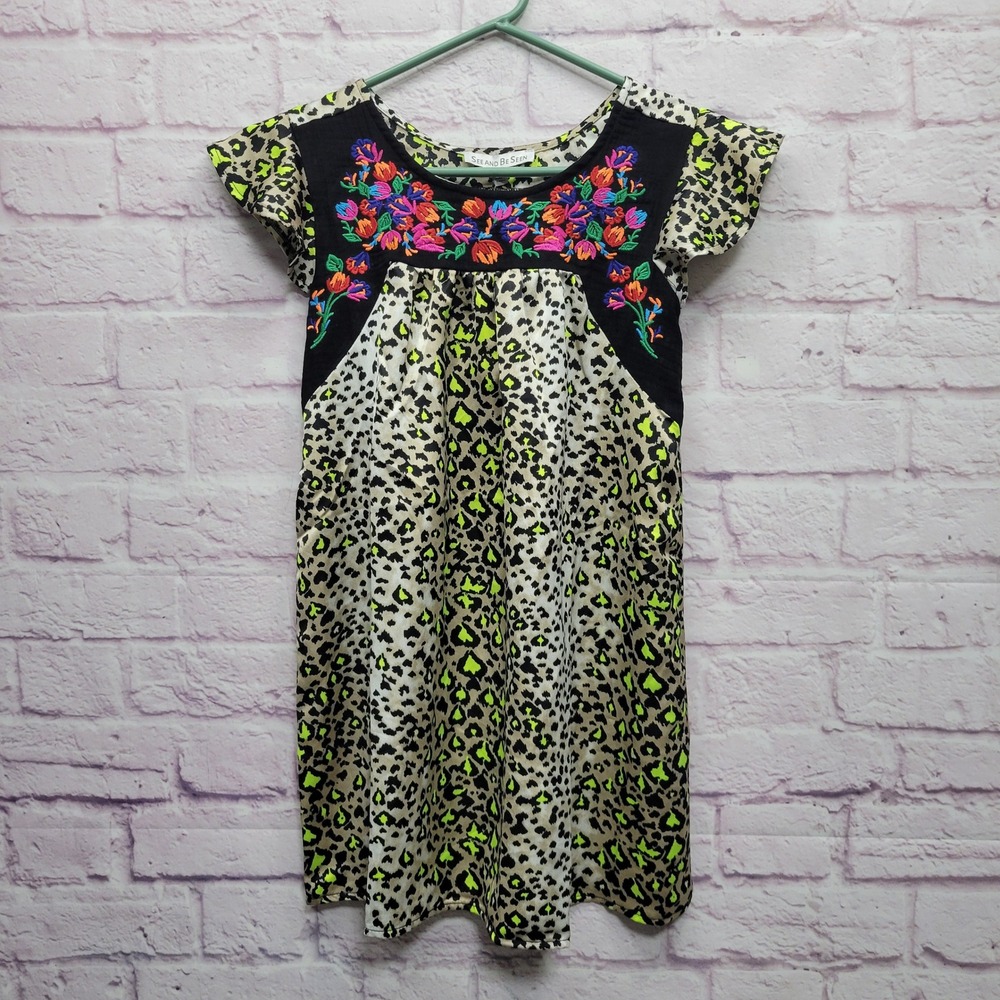 NEW See And Be Seen Y2K Pullover Tunic Top Sz‎ XS Floral Leopard Print Boho
